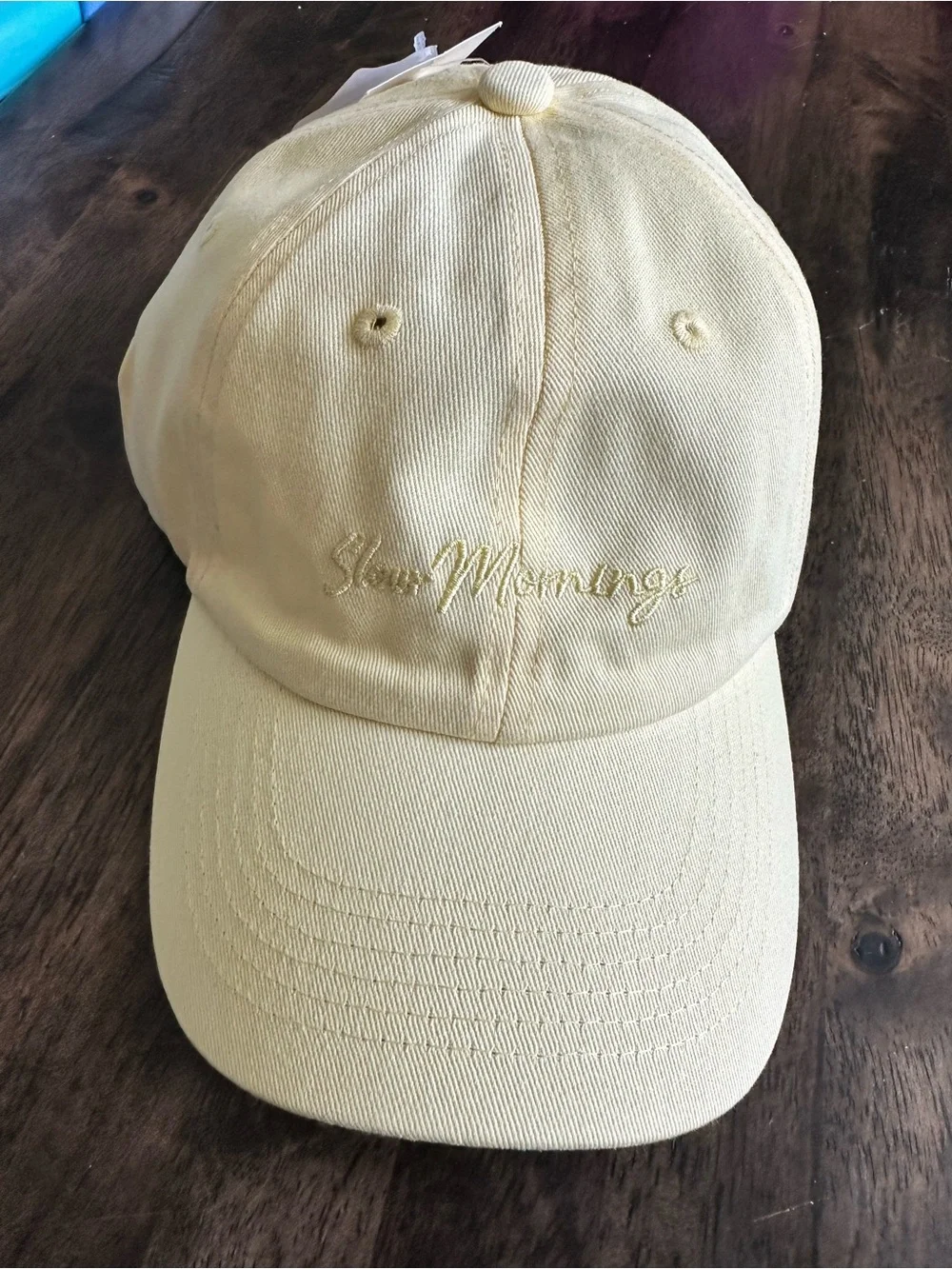 NWT Women’s Pale Yellow Embroidered “Slow Mornings” Baseball Cap Adjust Strap